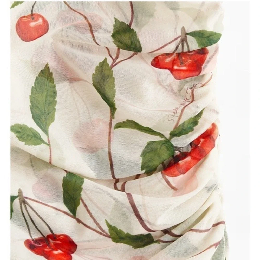 Stella McCartney x H&M Cherry Print Ruched Mesh Long Sleeve Top Cream Red | L - Picture 5 of 5